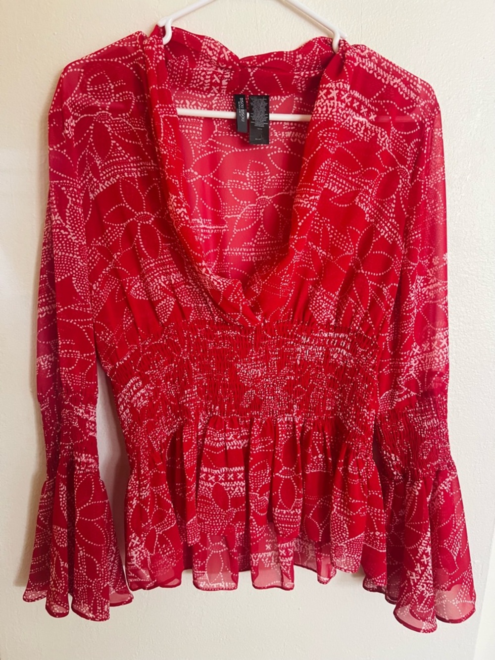 Bisou Bisou Red Floral Smocked Blouse